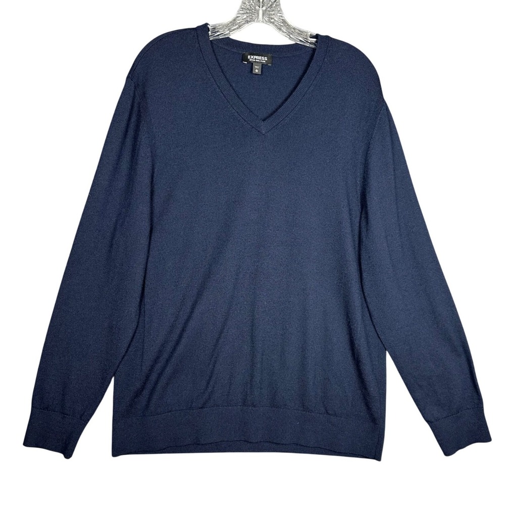 Express V-Neck Sweater Mens XL Navy Blue Merino Wool Blend Pullover Classic - Picture 2 of 7
